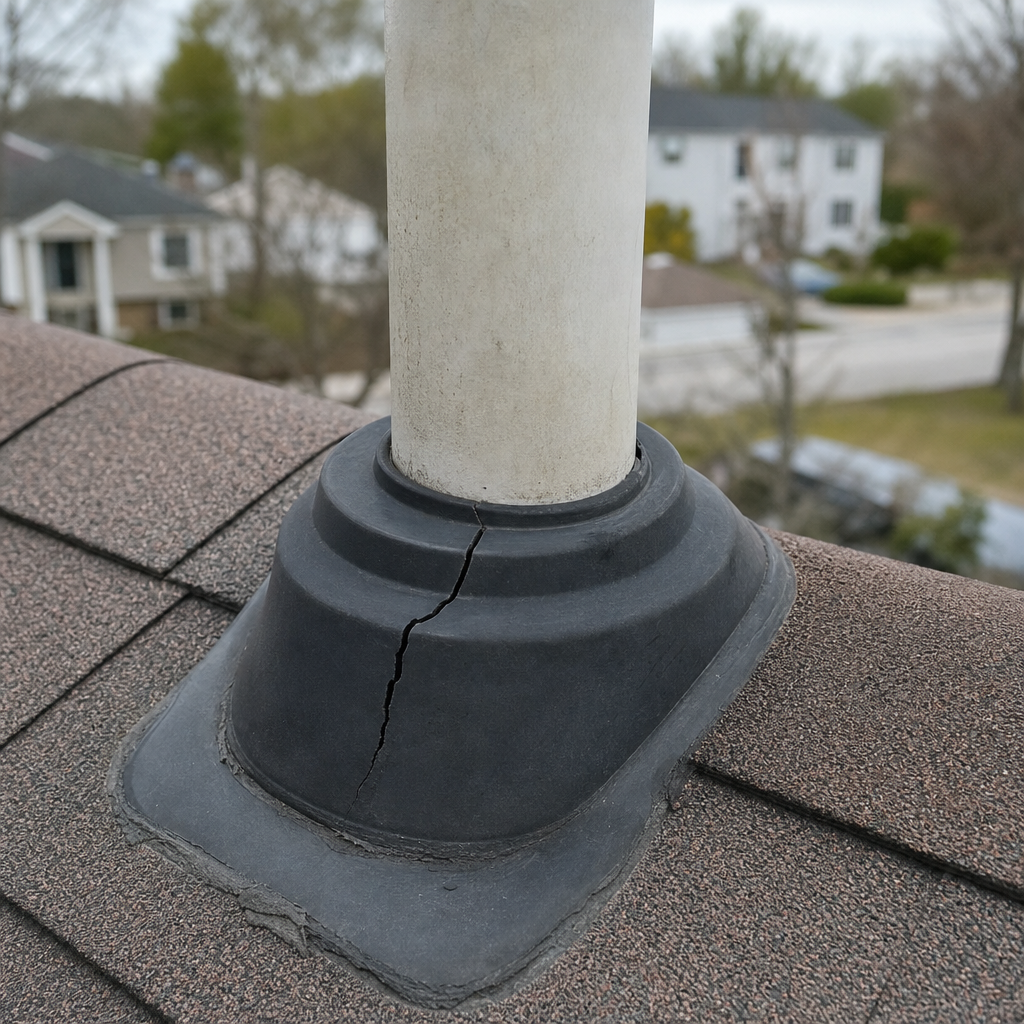 Close-up of a cracked rubber collar on a roof pipe vent