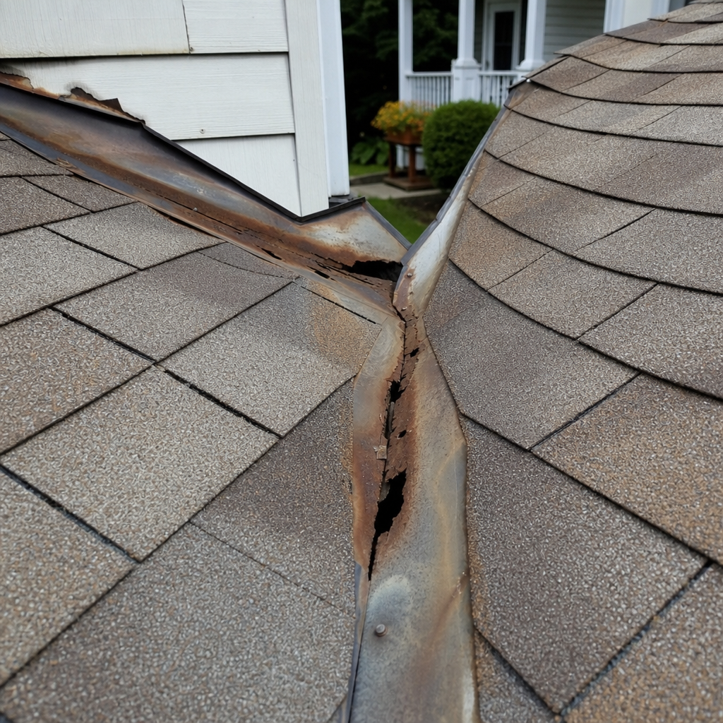 Damaged metal valley flashing with rust holes on a residential roof