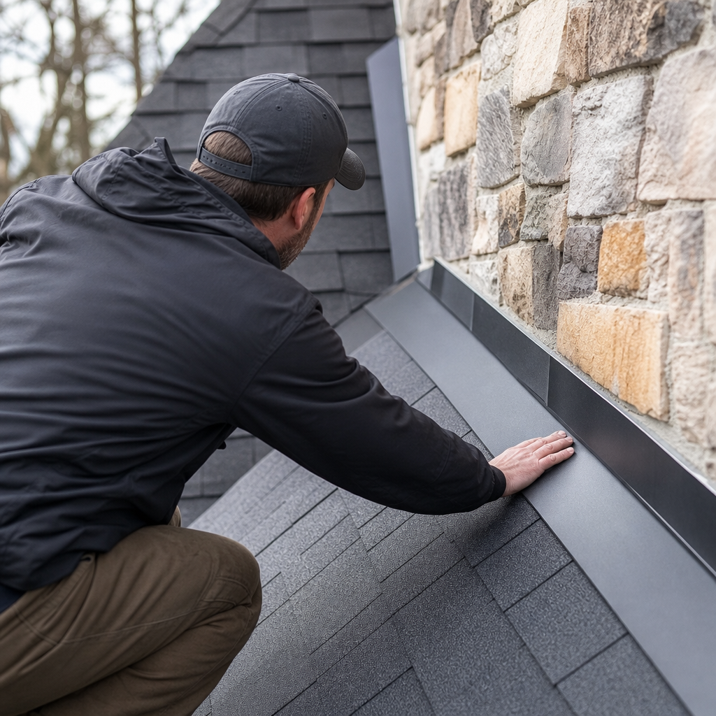 A roofing professional inspecting metal flashing and shingle lines on a steep residential roof