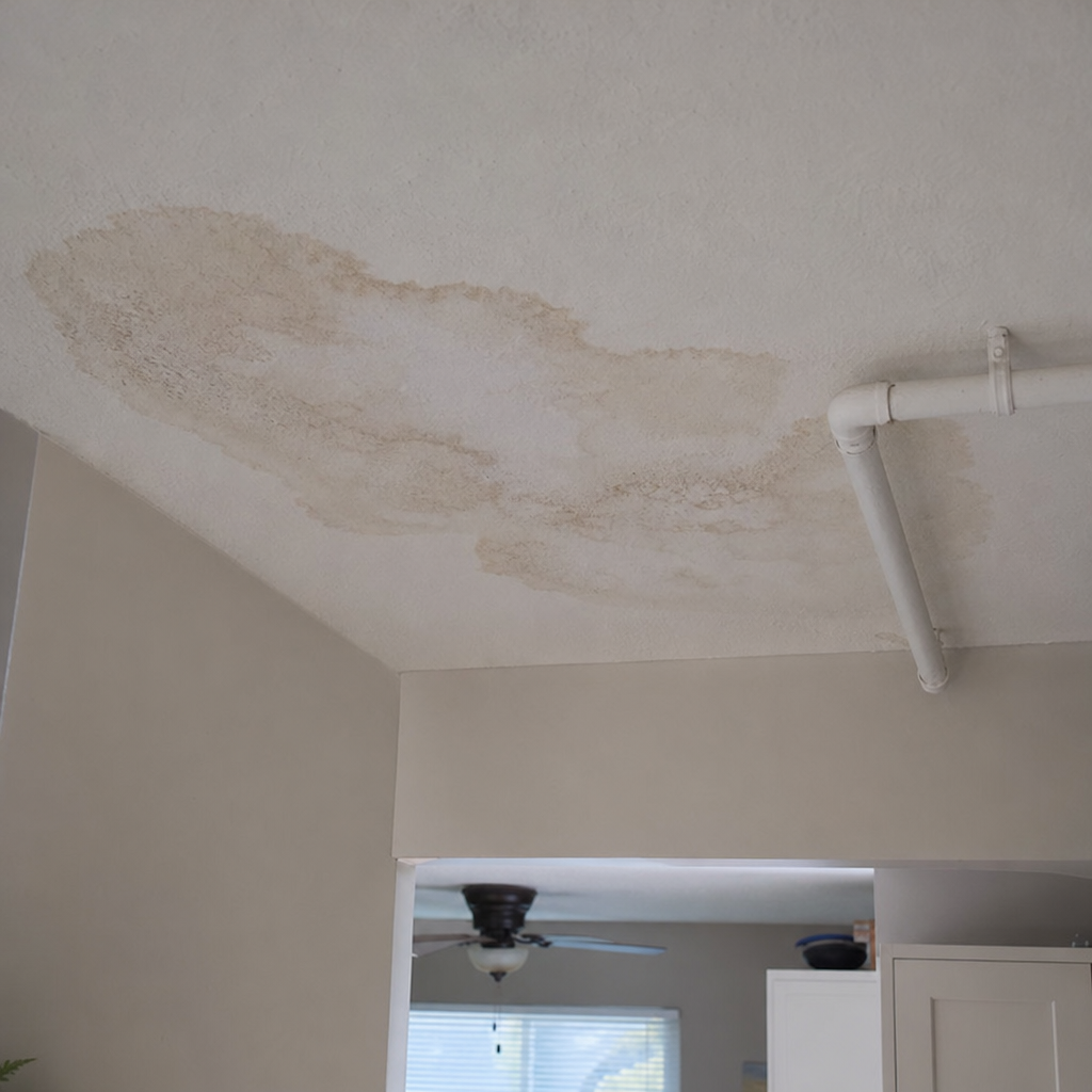 Water stain on an interior ceiling near a plumbing pipe line