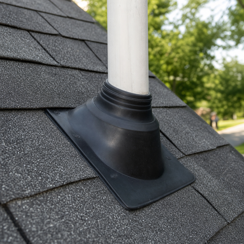 Close-up of a rubber pipe boot and flashing seam on a residential roof slope