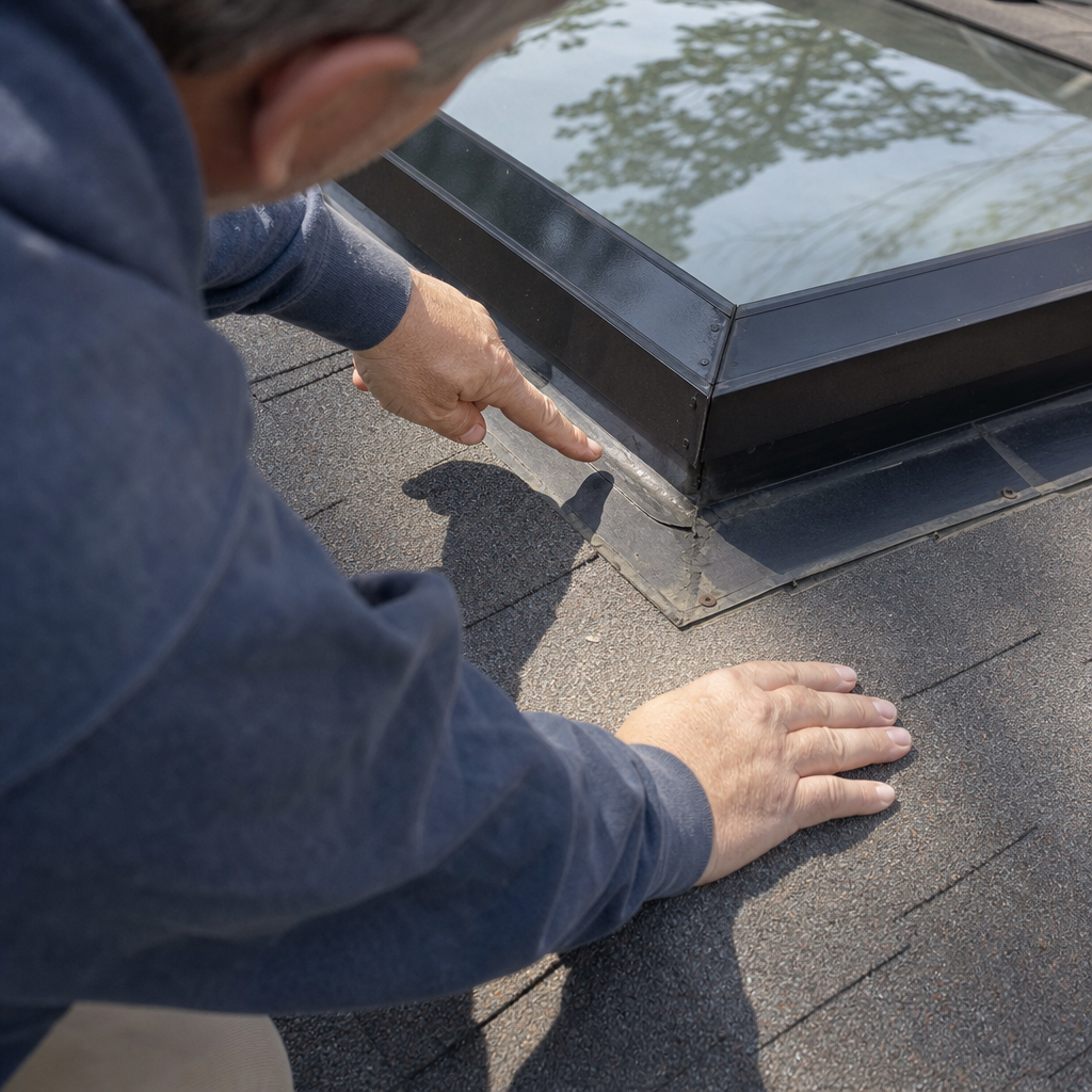 A roofer inspecting worn rubber seals and metal flashing around a skylight