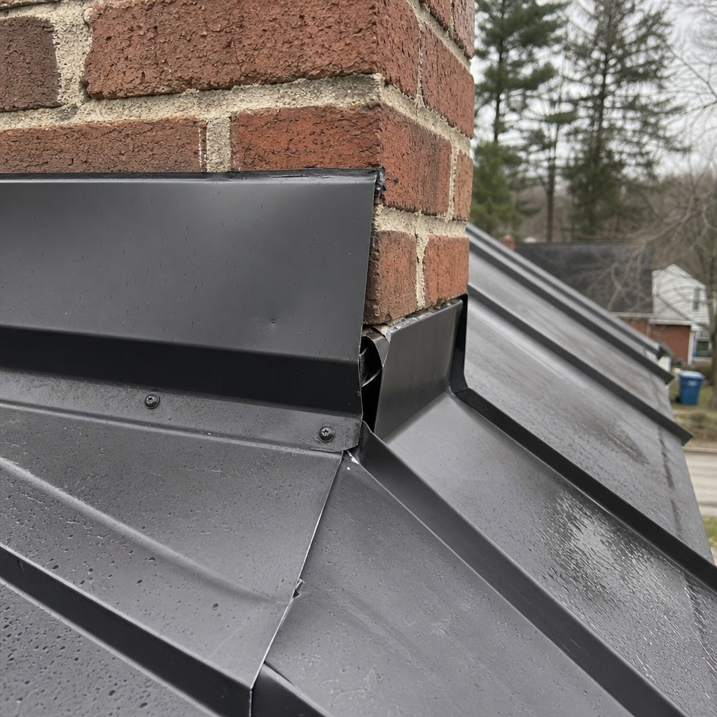 Close view of metal roof flashing around a chimney with a small gap where wind can blow rain