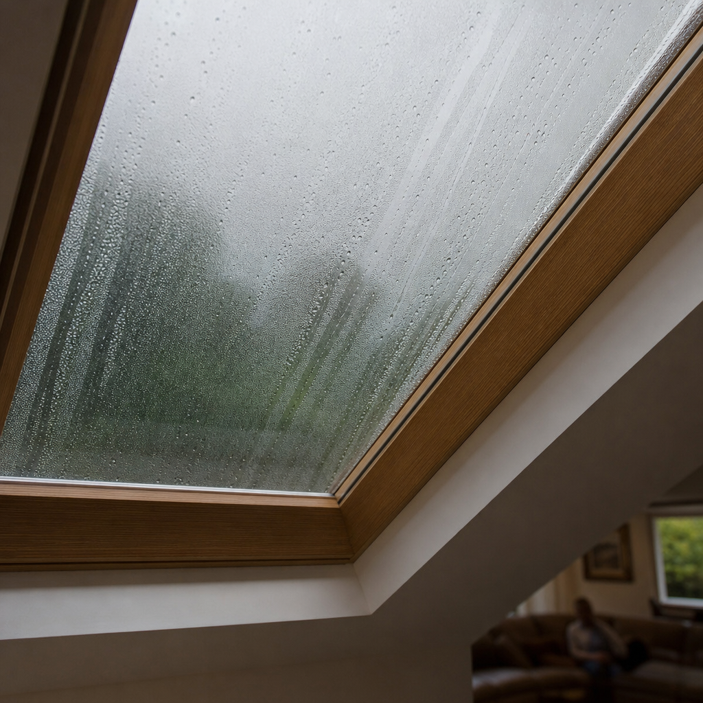 Water droplets and condensation gathering on the interior glass pane of a skylight.