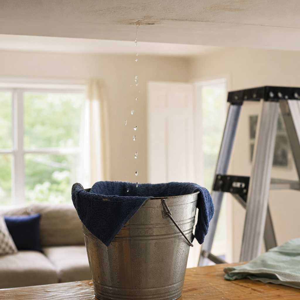 Safe indoor leak control showing a bucket catching ceiling drips with a towel inside