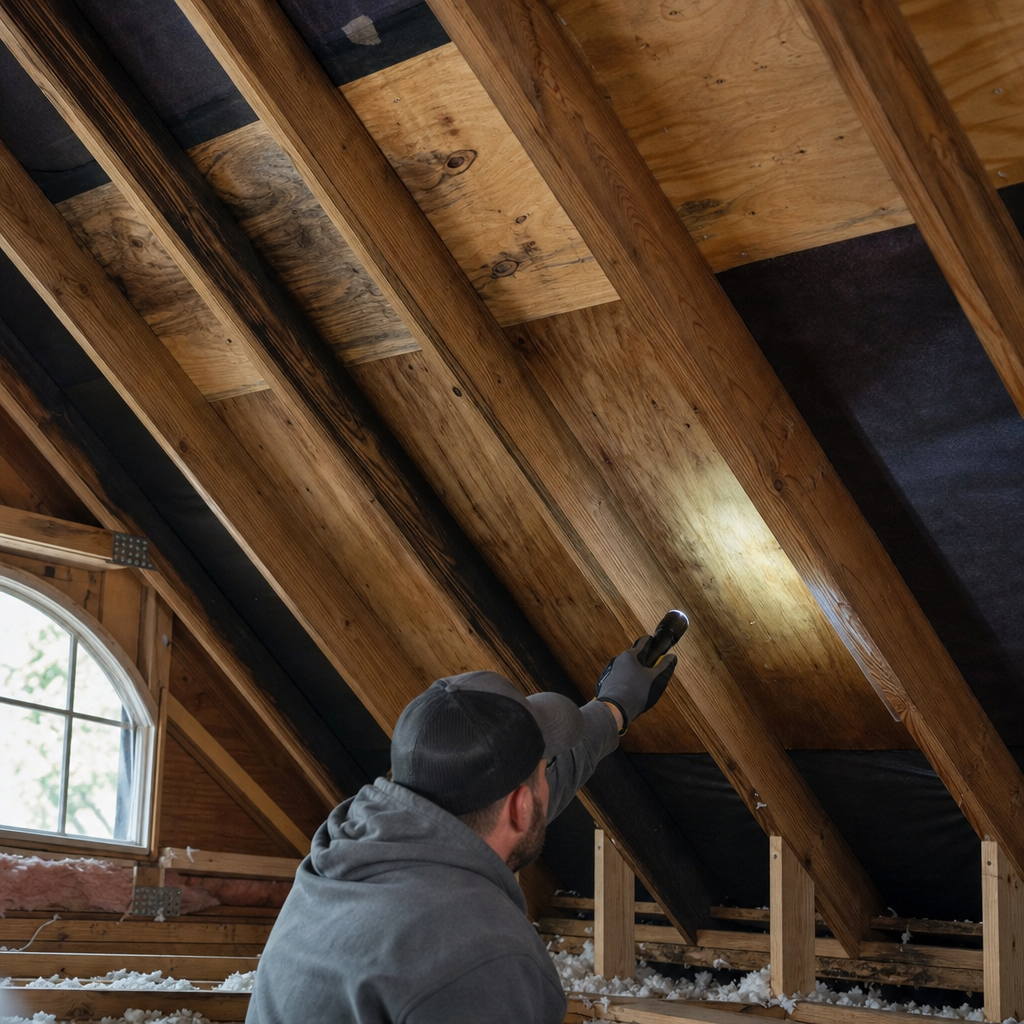 A roofer checking the wood decking and underlayment in an attic with a flashlight