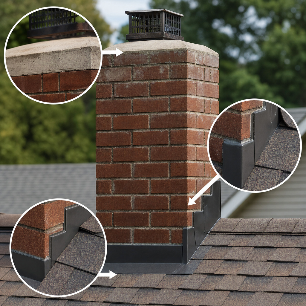 A diagram showing chimney step flashing, counter flashing, and a concrete crown.