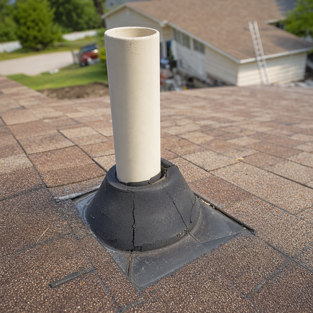 Cracked rubber collar around a plumbing vent pipe showing sun damage