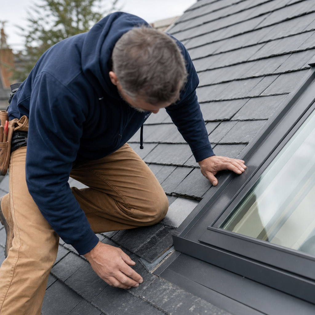 A roofing professional inspecting slate tiles and metal flashing along a skylight frame.
