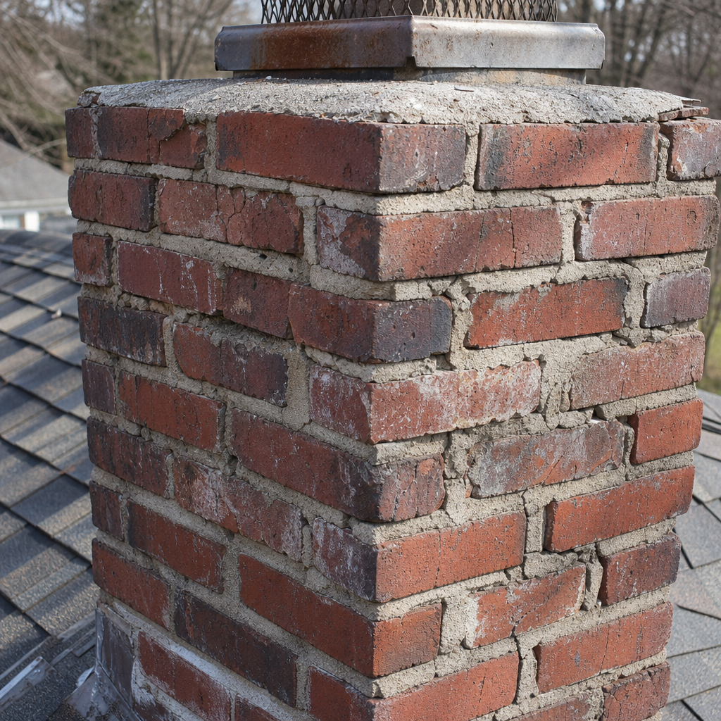 A close up photo of cracked mortar joints and worn brick faces on a chimney stack.