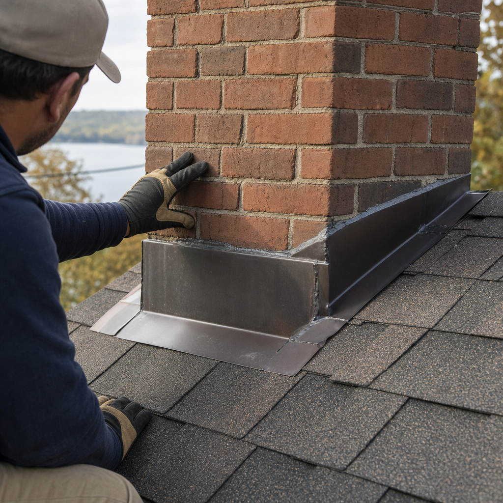 Roofer checking mortar joints and metal flashing around a brick chimney