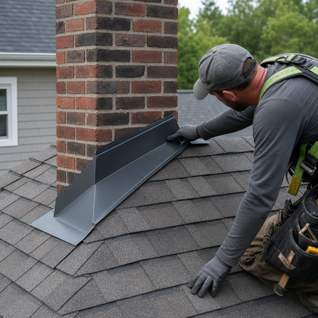 A roofer safely inspecting metal flashing around a chimney cricket