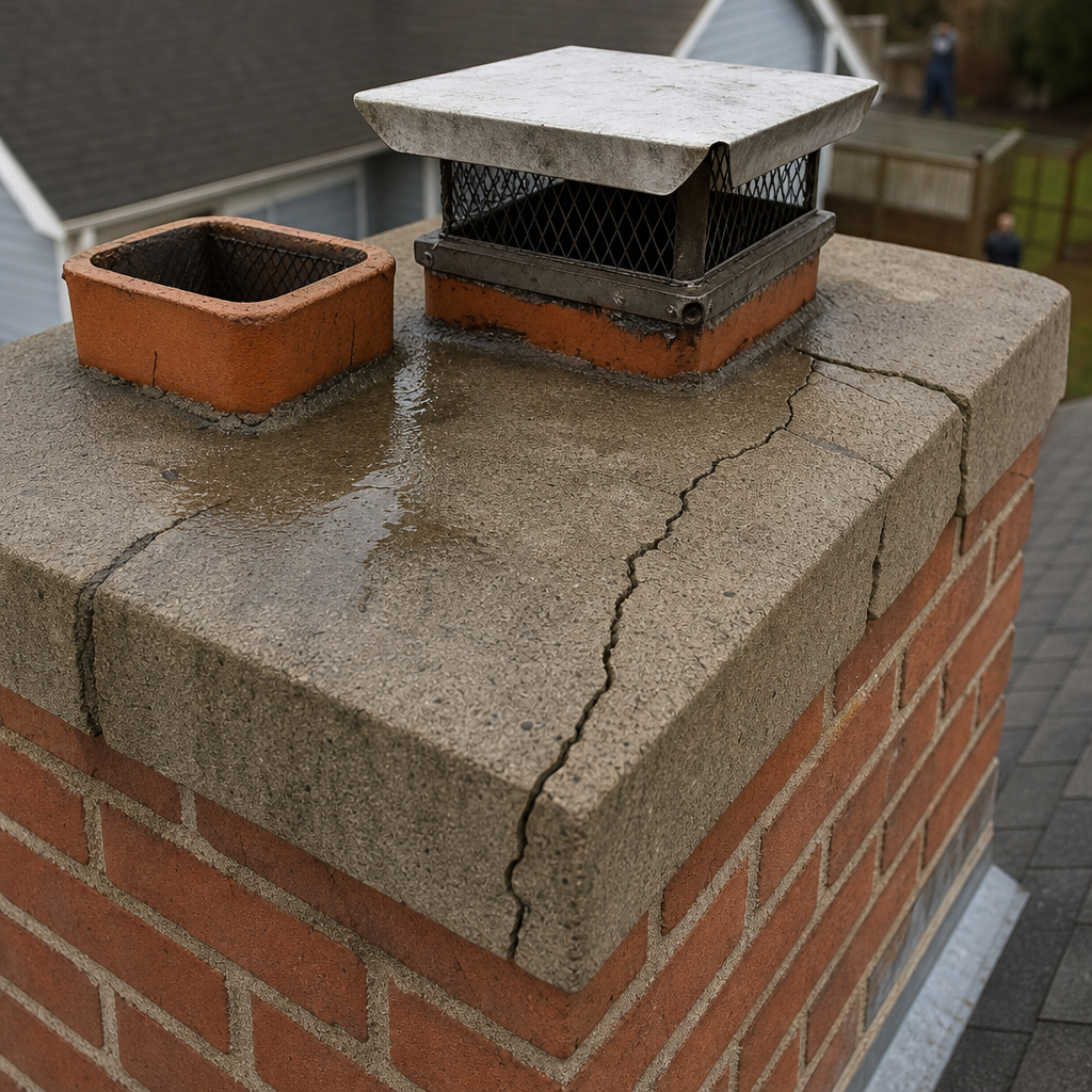A cracked concrete chimney crown with small water fissures
