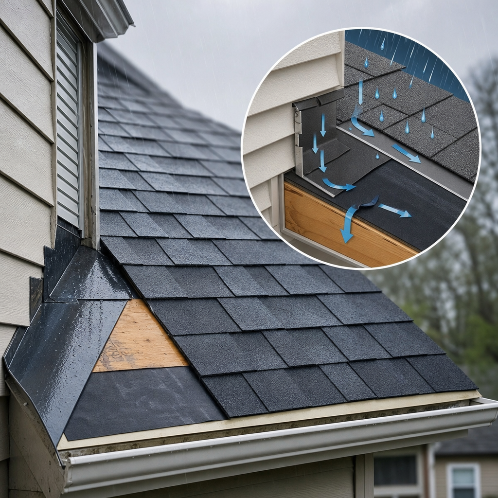 Diagram showing how roof flashing and underlayment protect wood decking from rain