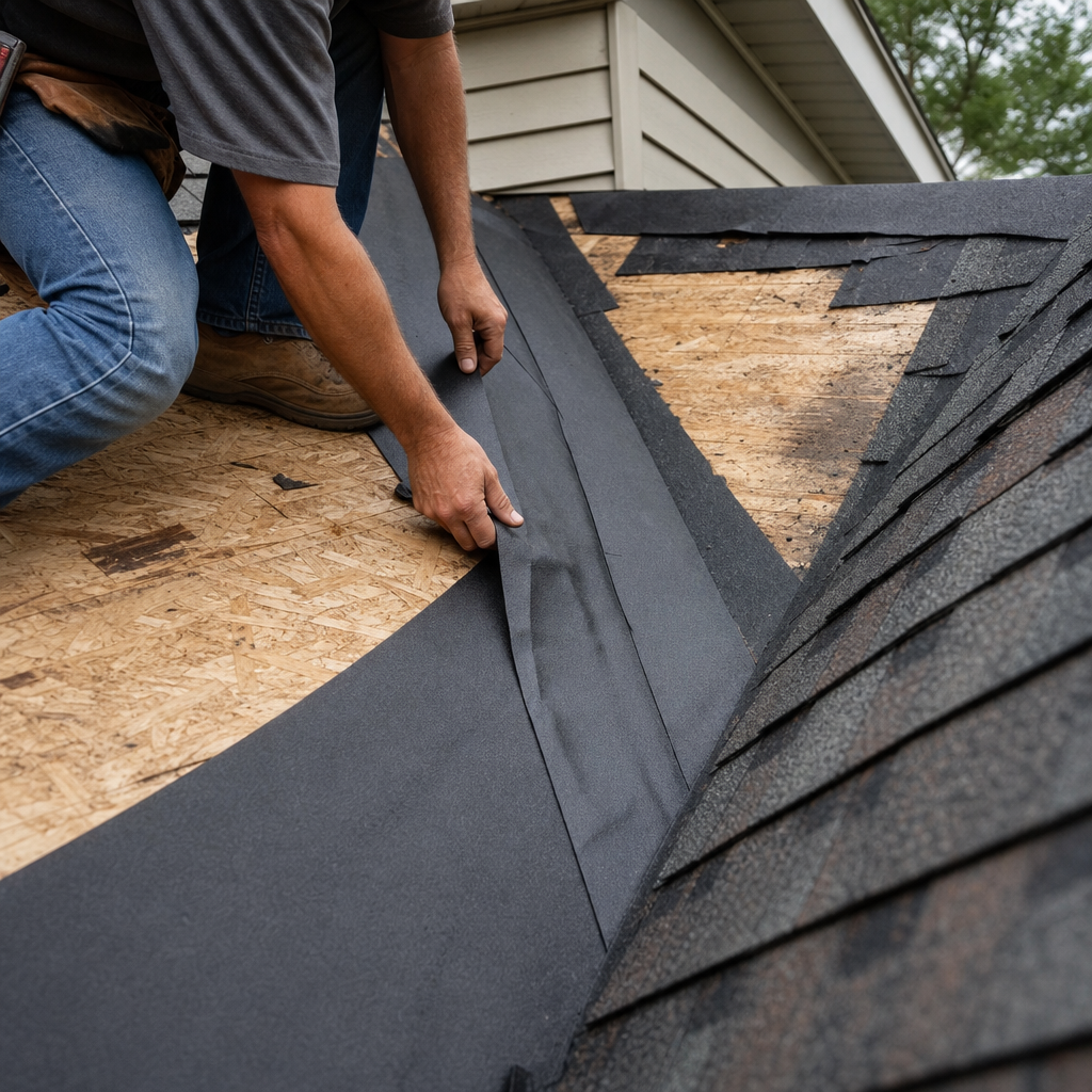 Roofer installing waterproof ice and water underlayment in a roof valley