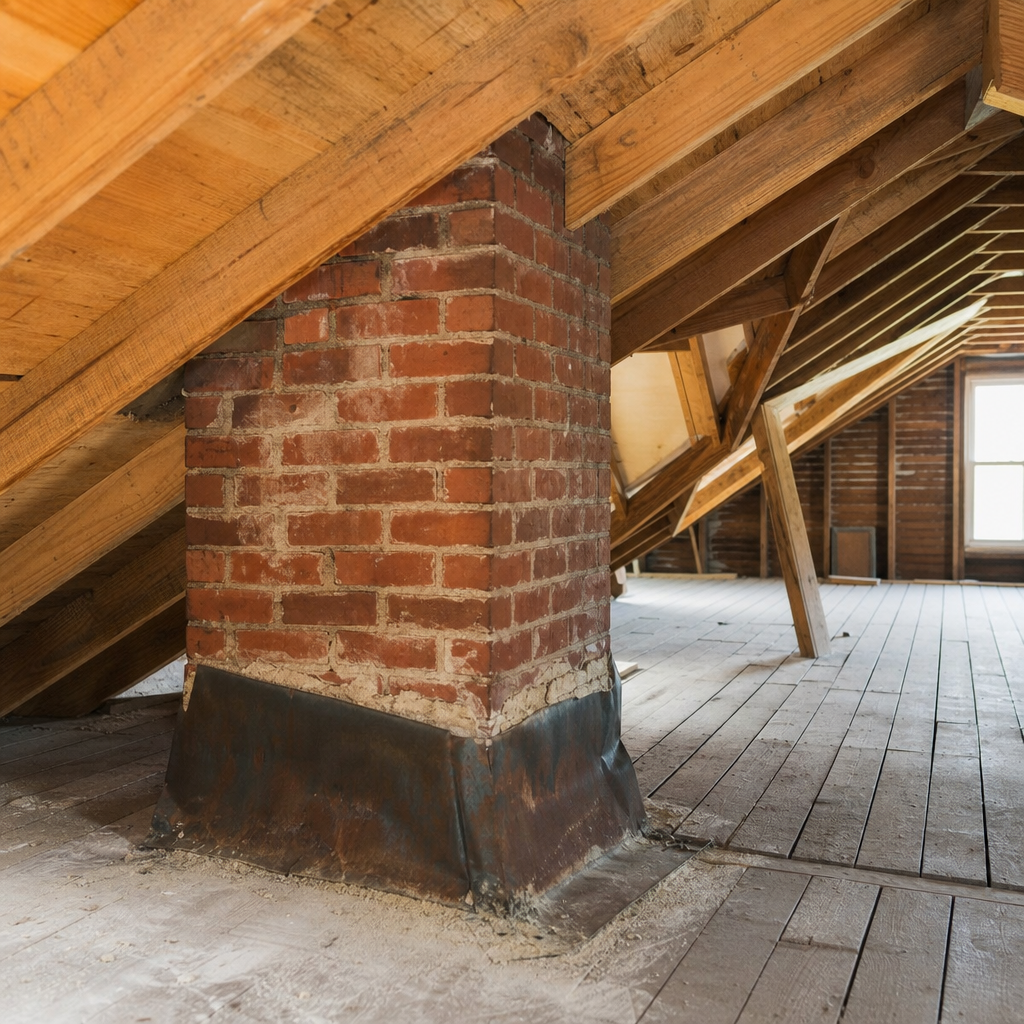 Attic view of wooden roof decking and rafters around a brick chimney base