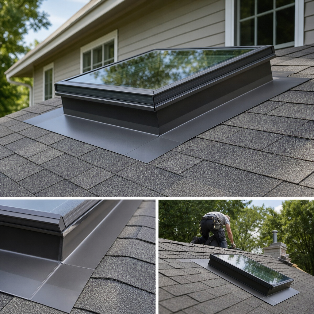 Diagram showing metal flashing installed around a skylight curb on a roof
