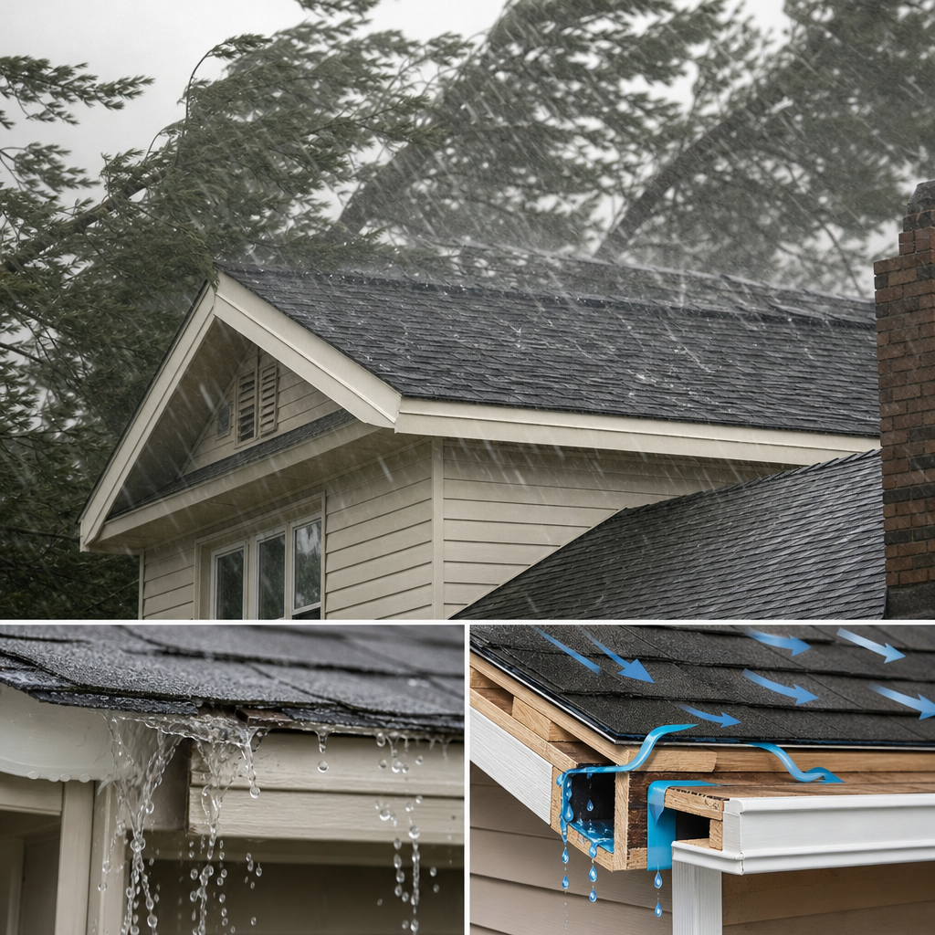 Diagram showing how wind-driven rain blows water underneath roof shingles and flashing
