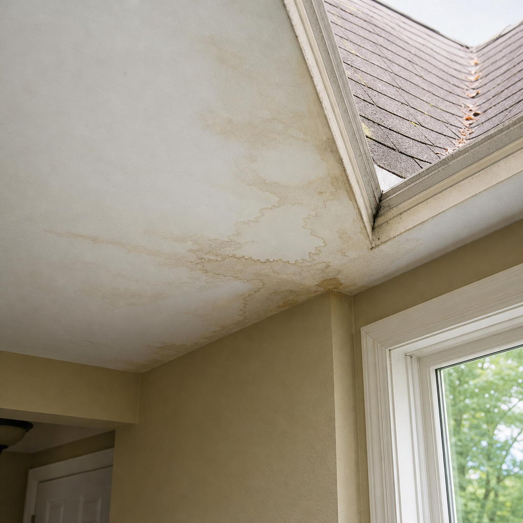 Water stain on ceiling drywall under a roof valley leak