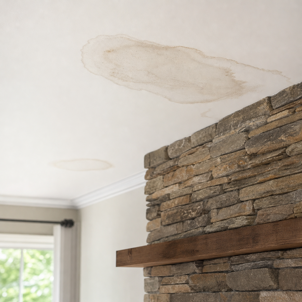 Water stain on an interior ceiling drywall near a fireplace wall