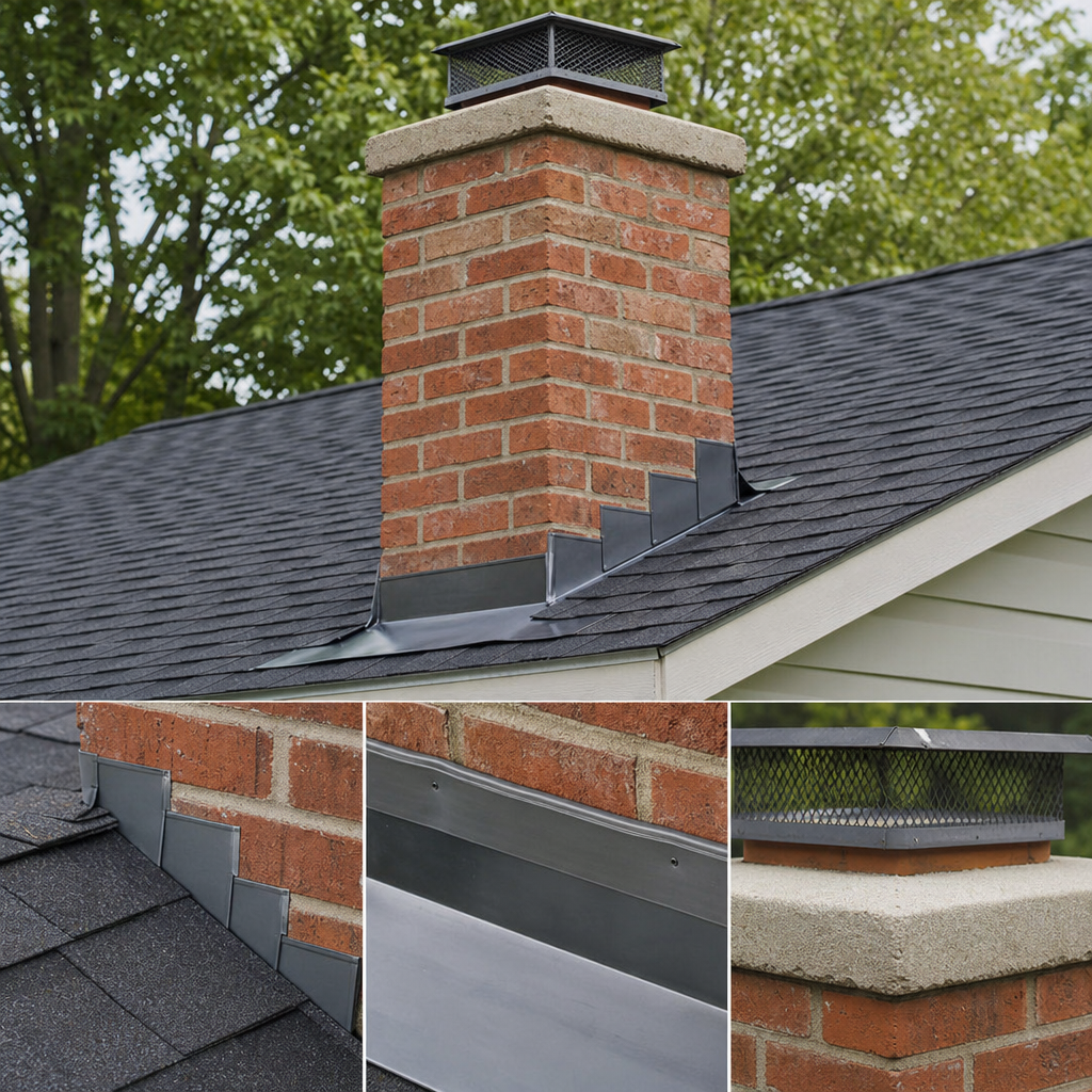 Diagram showing chimney step flashing, counter flashing, and crown components