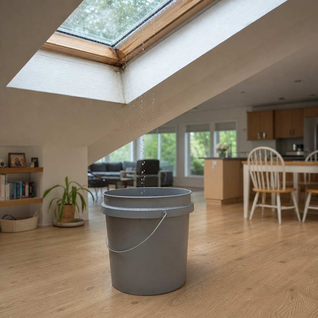 A homeowner bucket placed safely on the floor under a dripping skylight frame.