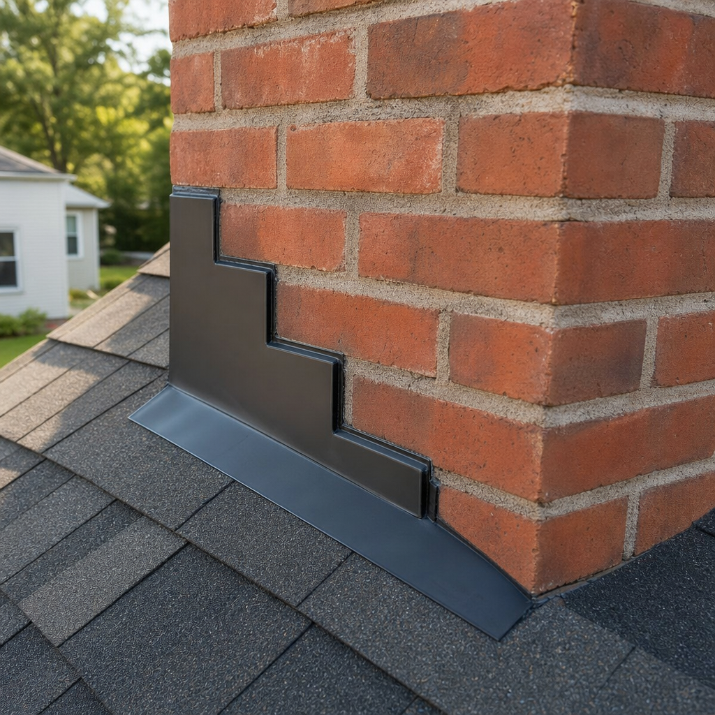 Close-up of step and counter flashing sealed into chimney brick mortar