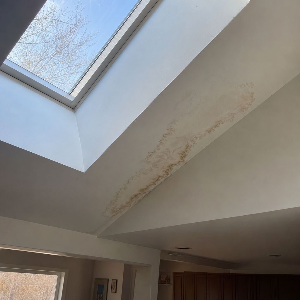 A water stain on ceiling drywall near a skylight light shaft
