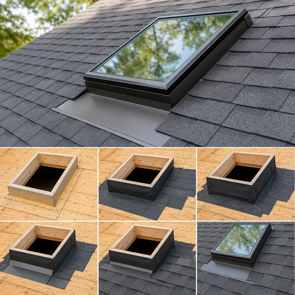 Diagram showing how roof flashing and underlayment wrap around a skylight curb.