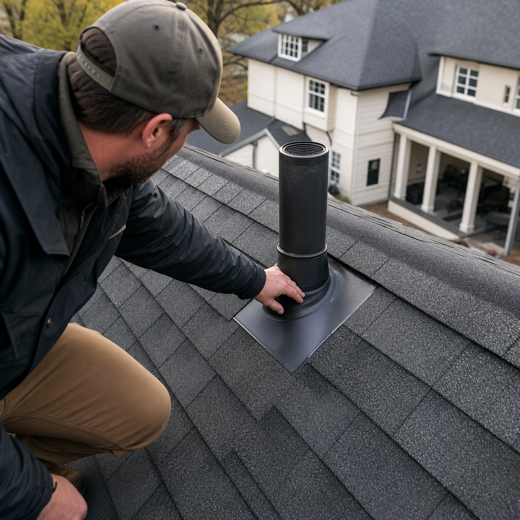 Roofing technician inspecting metal vent flashing on a steep roof
