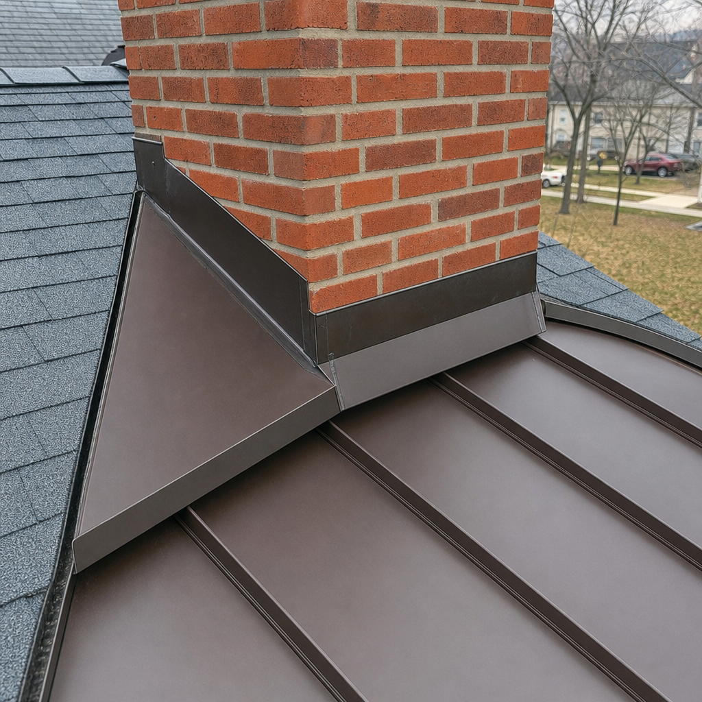 A metal chimney cricket installed behind a brick chimney to divert rain water.