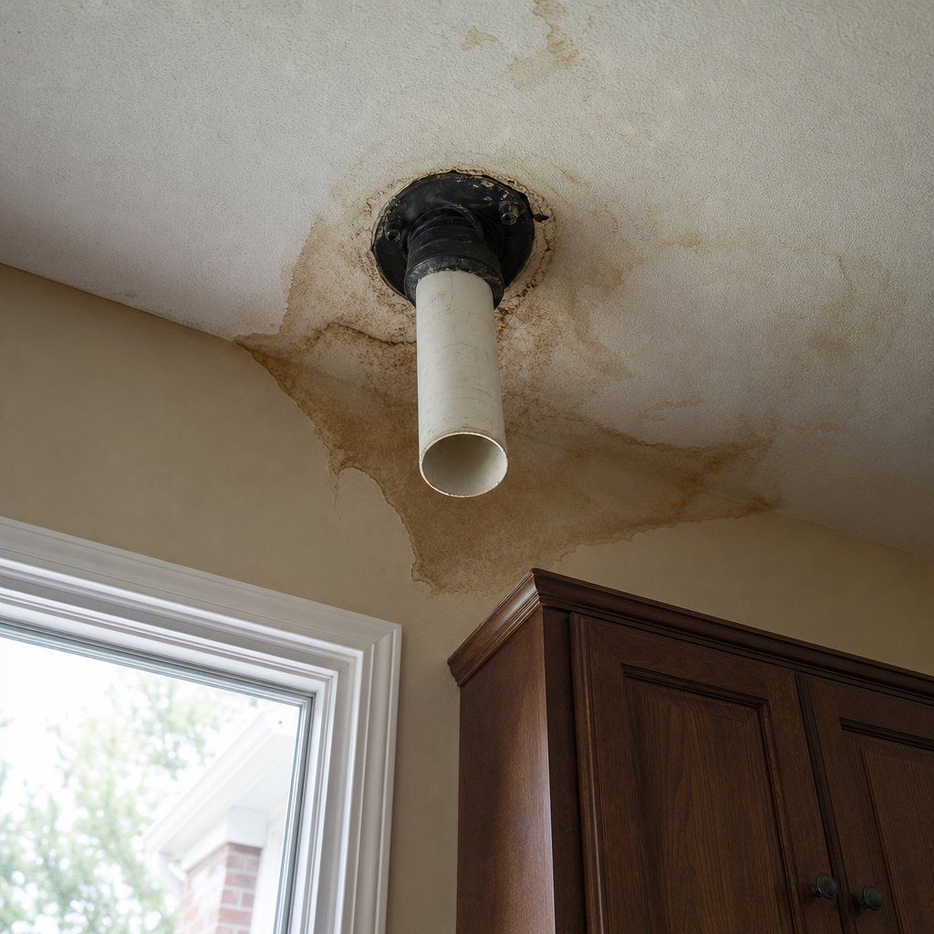 Water stain on ceiling drywall under a leaking roof vent pipe