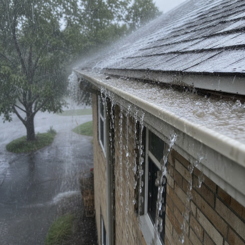 Full gutters overflowing with rainwater along the roof edge during a heavy storm