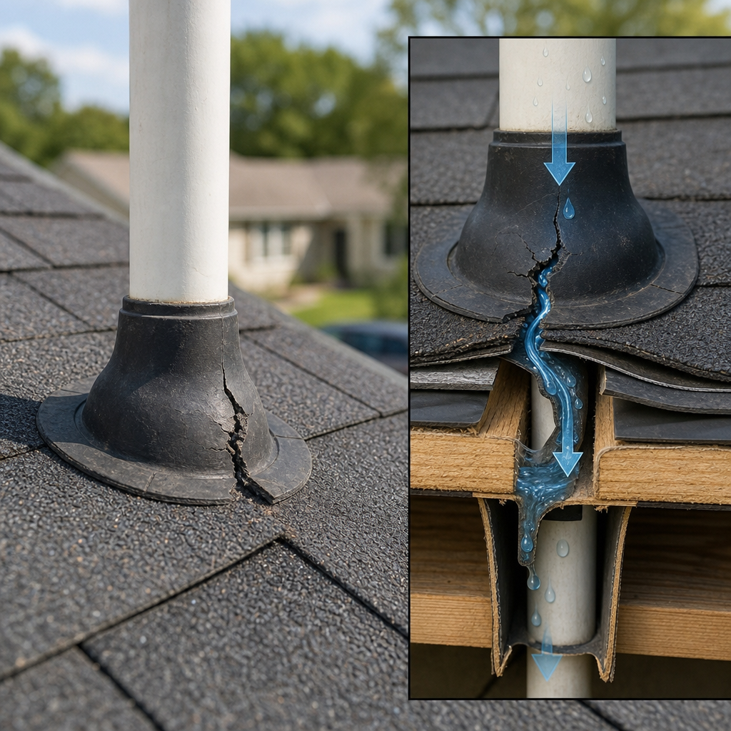 Diagram showing how water penetrates a cracked roof pipe boot