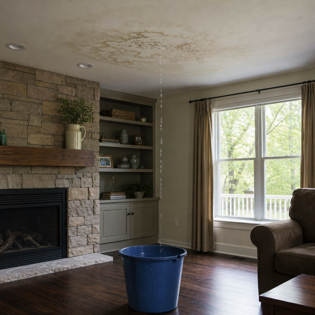 Bucket catching water dripping from a stained living room ceiling near a fireplace