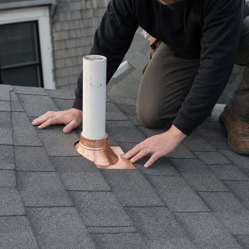 Roofer checking copper flashing around a plumbing pipe vent