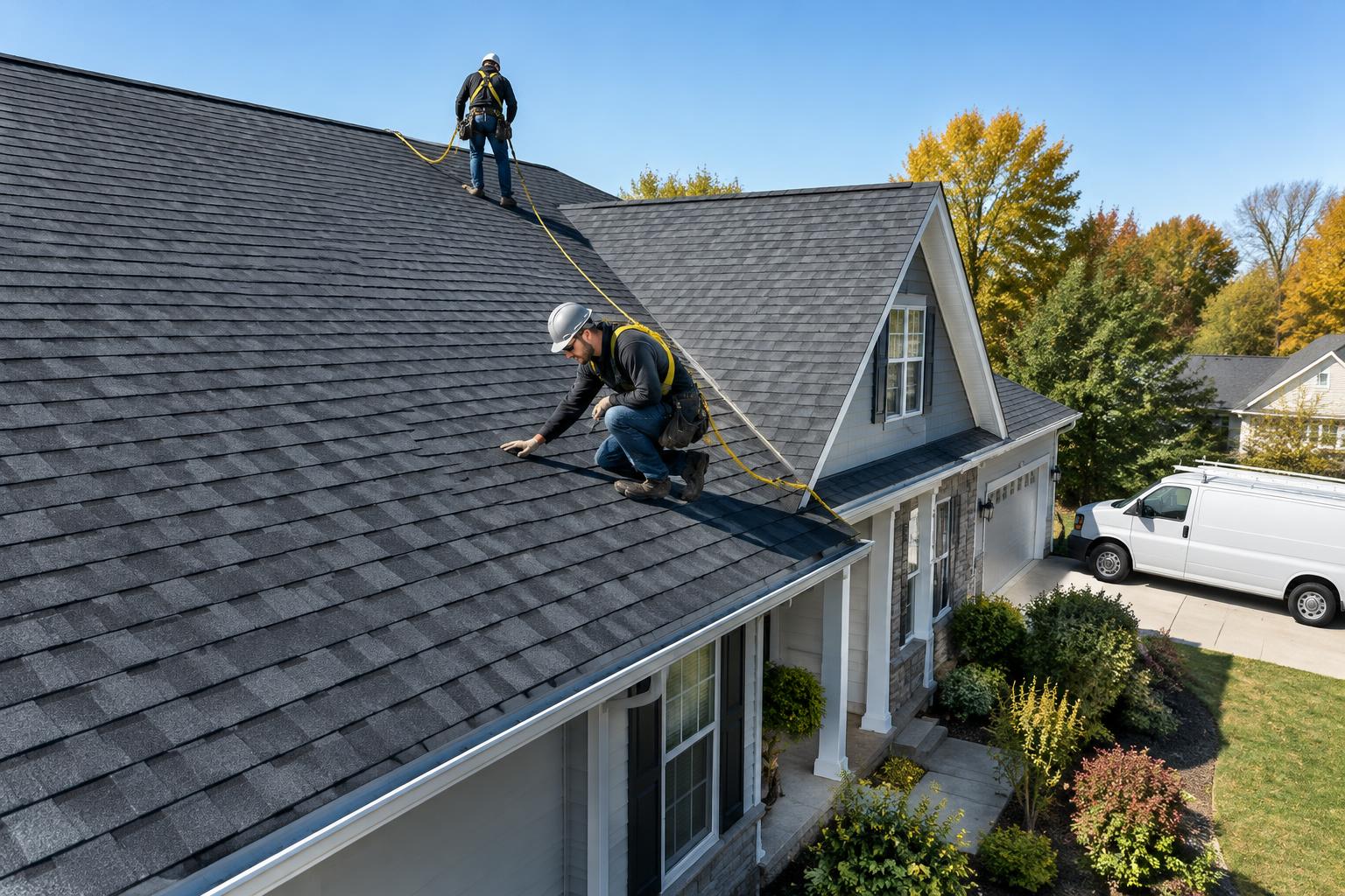 Roofing crew concept with a work van