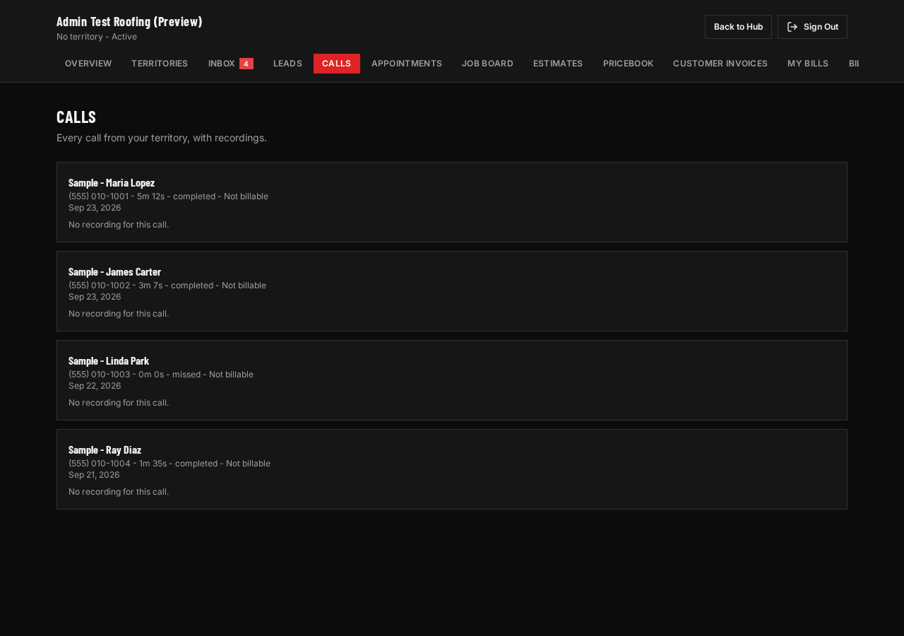 Sanitized sample view of the Roofer Back Office: Real calls page, sample calls. SEO only counts if you can see which calls it made.