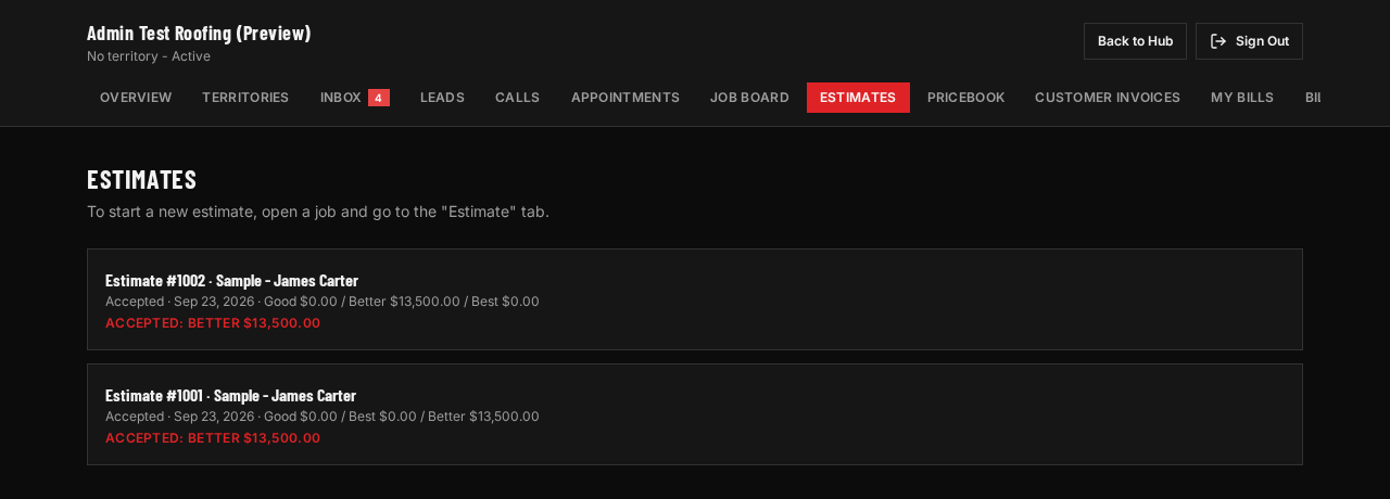 Sanitized sample view of the Roofer Back Office: Real estimate list in our hub, sample account — shown for comparison, not as a Roofr screen.