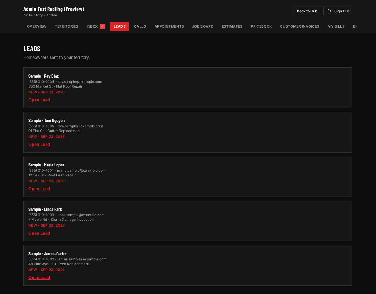 Sanitized sample view of the Roofer Back Office: Real leads list, sample data. Each lead keeps the page it came from.