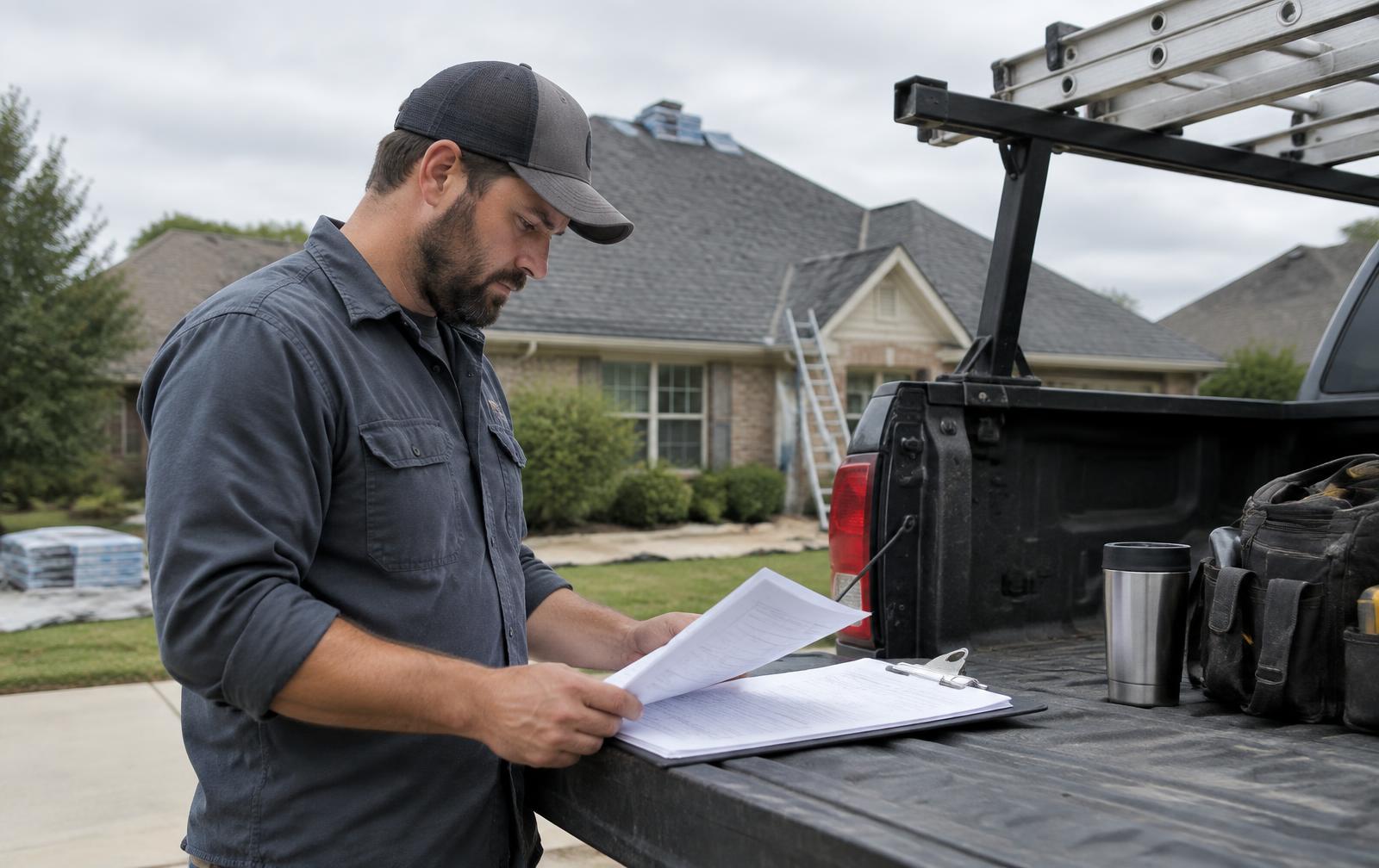 Roofing owner reviewing job paperwork at the truck