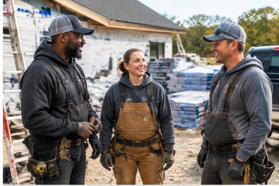 Roofing crew at a building site