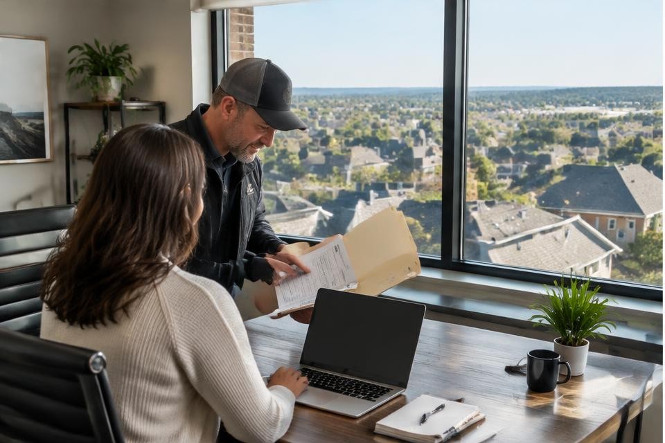 Roofing contractor reviewing a job folder with a client