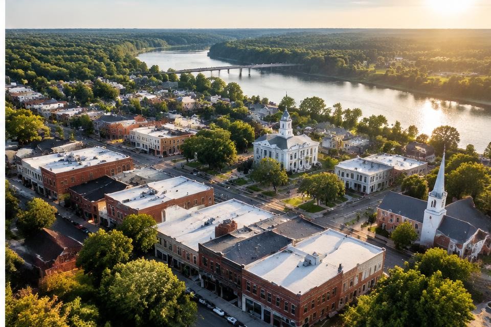 Aerial view of a town with homes and local businesses