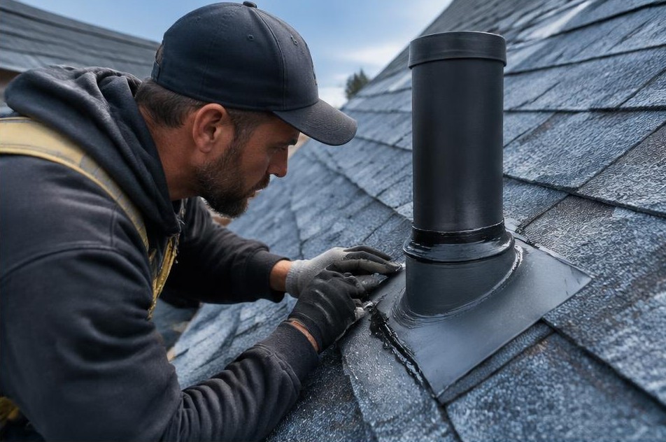 Roofer checking vent pipe flashing