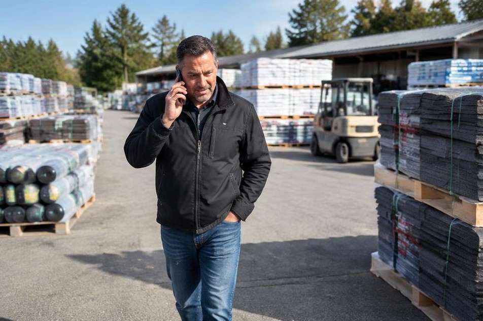 Roof company owner taking a call at a material yard
